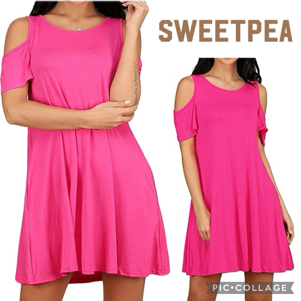 NWT Sweetpea Rose Pink Cold Shoulder Short Sleeve Round Neck Swing Tunic Dress